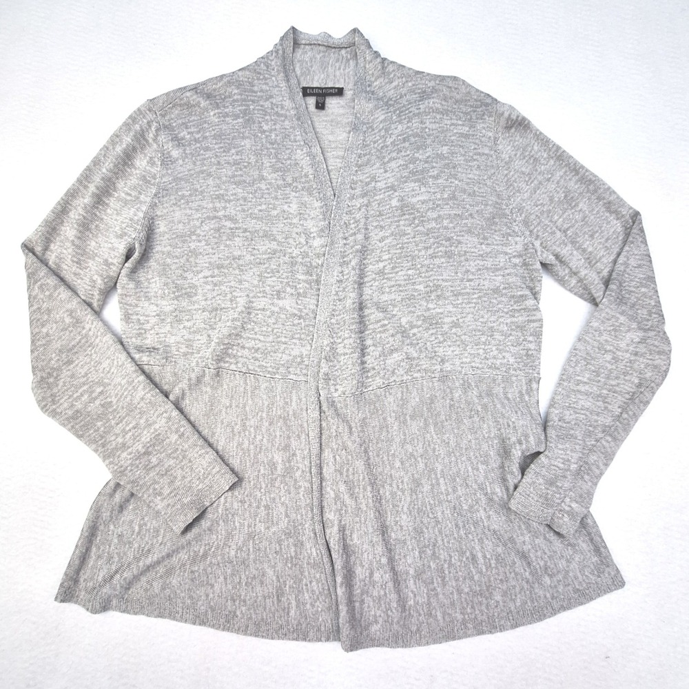 Eileen Fisher Cardigan Womens Small Light Gray Organic Linen Blend Open Front‎